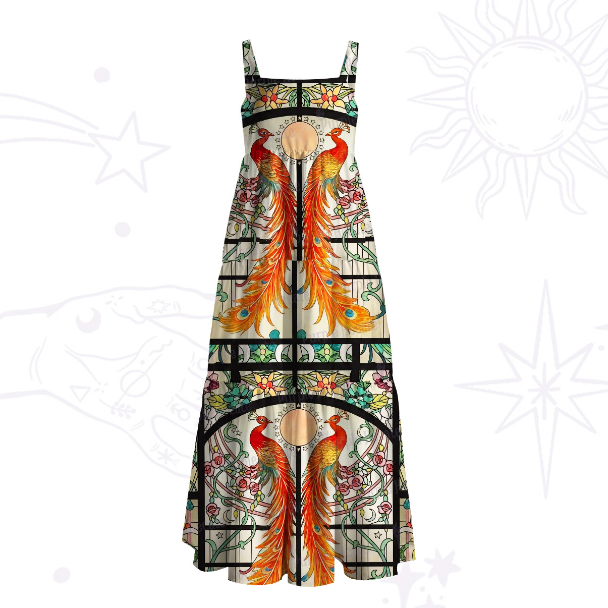 Purplehecate Mystic Peacock Stained Glass Wide Straps Maxi Dress