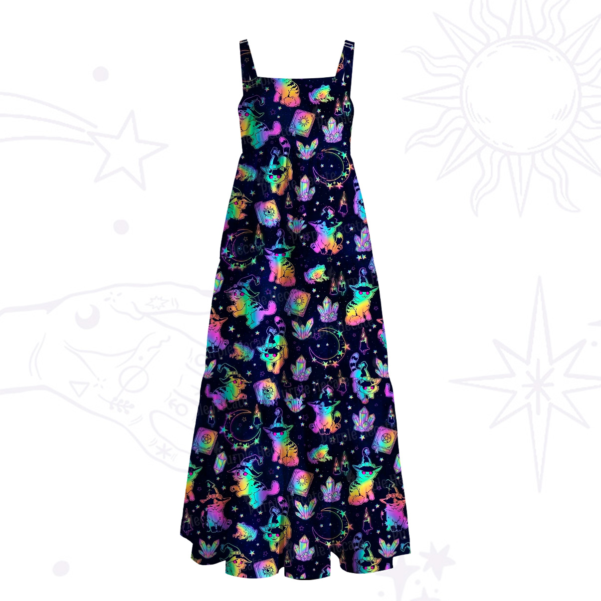 Purplehecate Neon Moon Magic Cat Wide Straps Maxi Dress