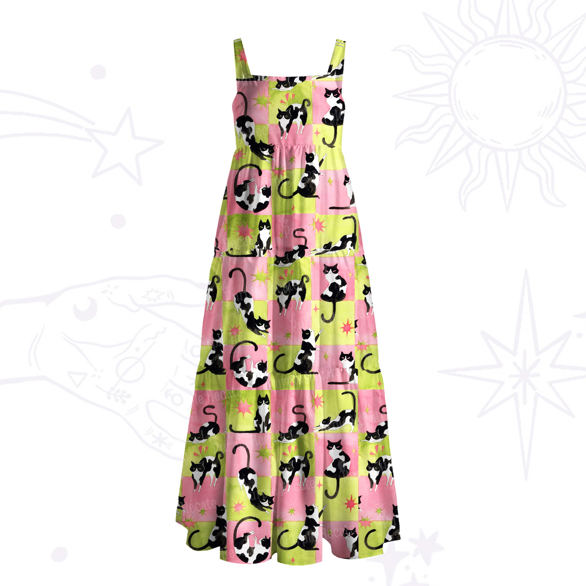 Purplehecate Whimsical Cow Cat Wide Straps Maxi Dress