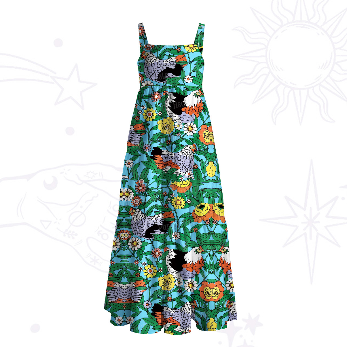 Purplehecate Daisy Hen Garden Wide Straps Maxi Dress