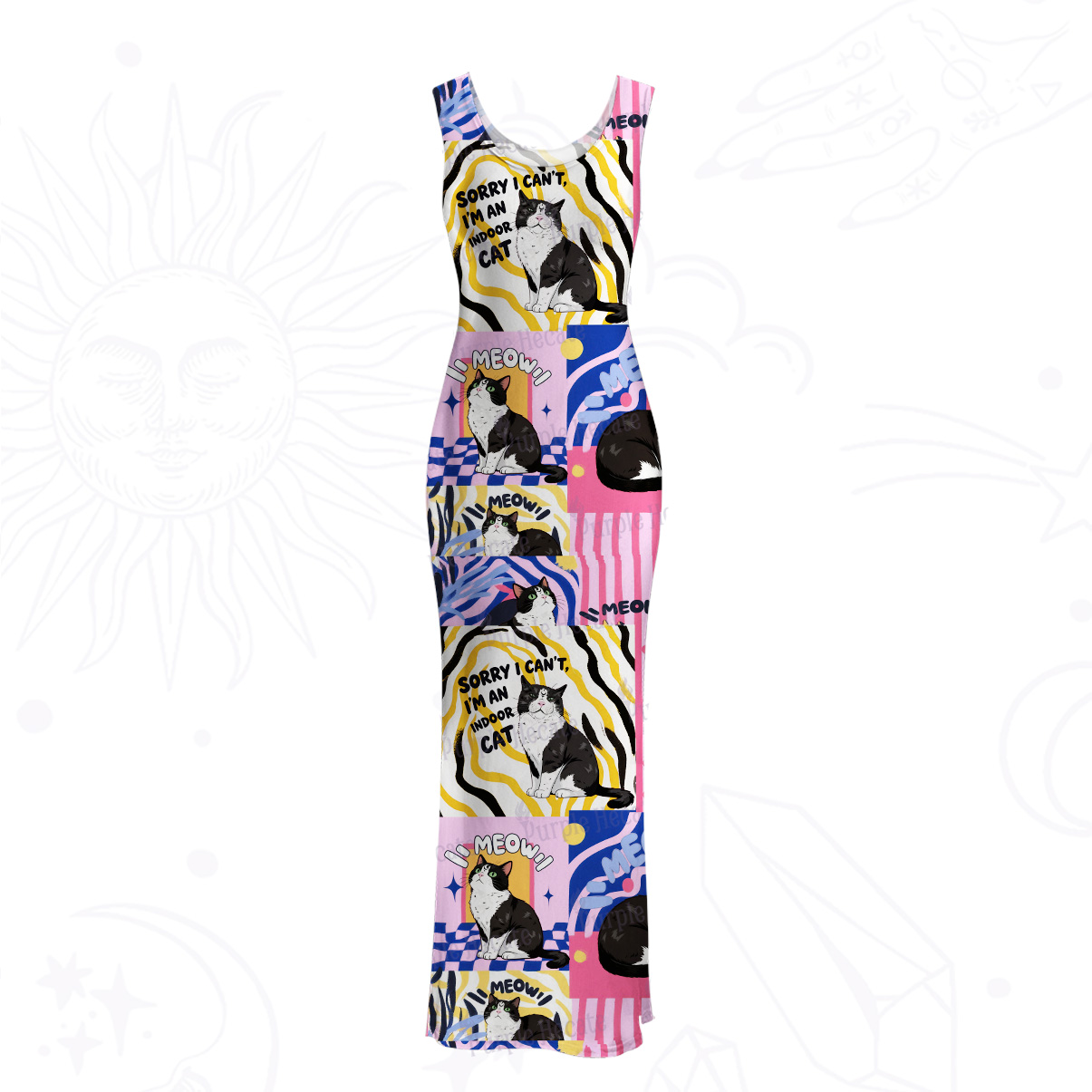 ]Purplehecate Sorry I Can't Go I'm an Indoor Cat Mesh Maxi Tank Beach Dress