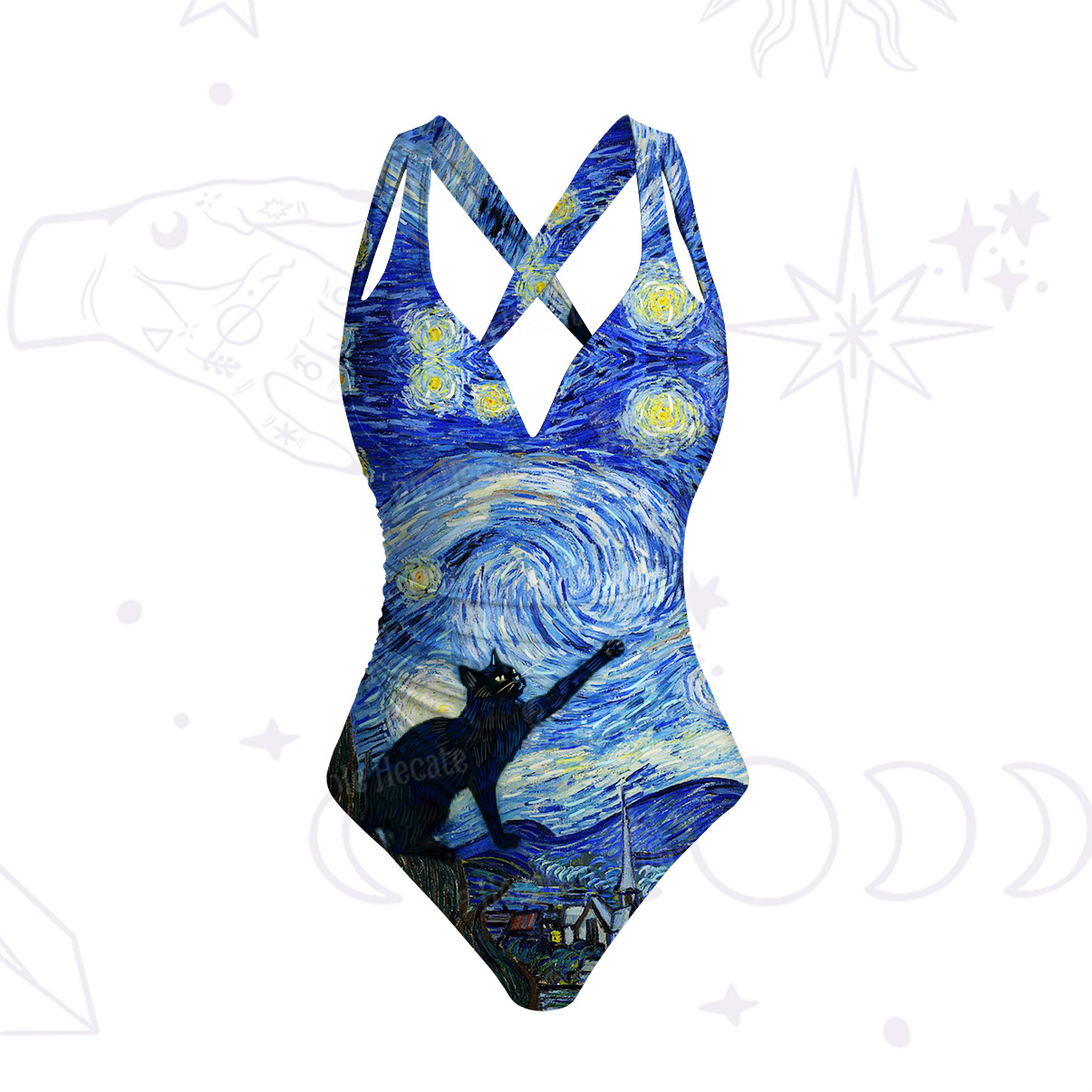 Purplehecate Witch Cat Under the Starry Night One-Piece Swimsuit