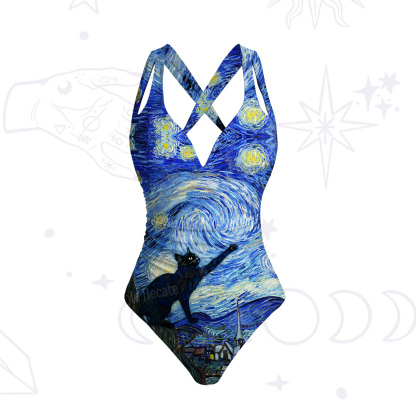Purplehecate Witch Cat Under the Starry Night One-Piece Swimsuit