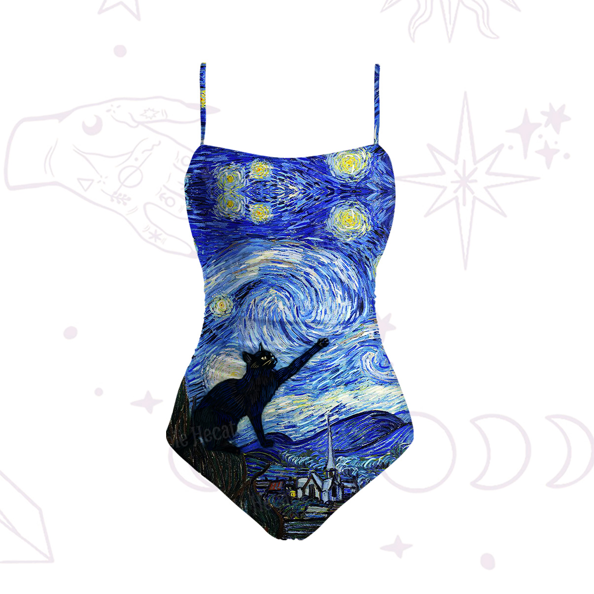 Purplehecate Witch Cat Under the Starry Night Slim-Strap Swimsuit