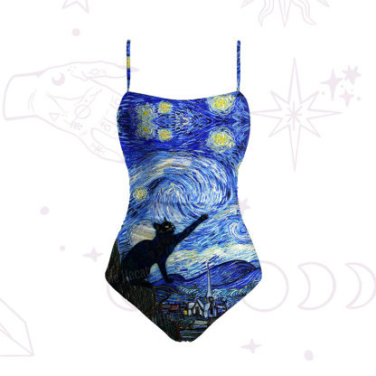 Purplehecate Witch Cat Under the Starry Night Slim-Strap Swimsuit