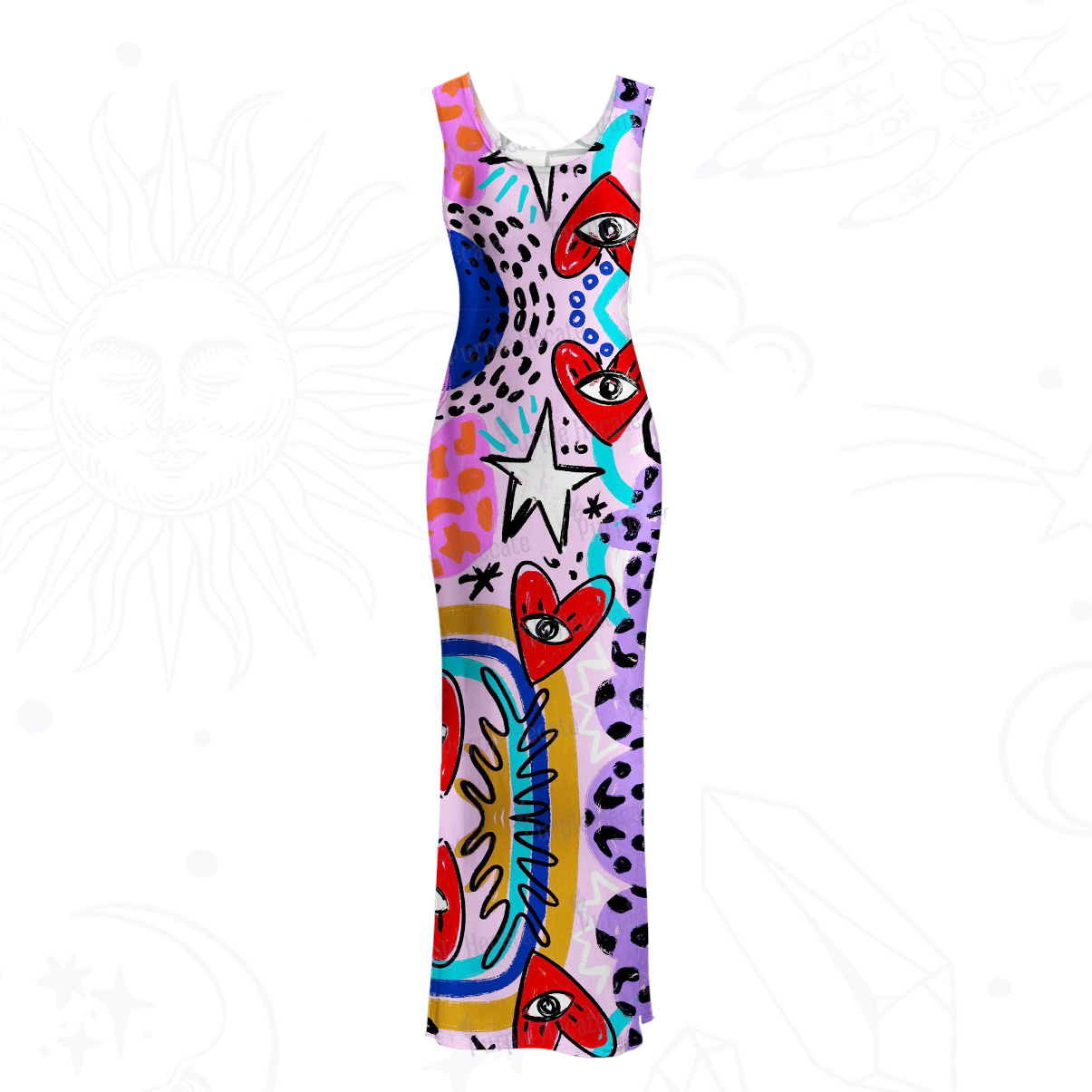 Purplehecate Cosmic Love Eyes Graffiti Mesh Maxi Tank Beach Dress