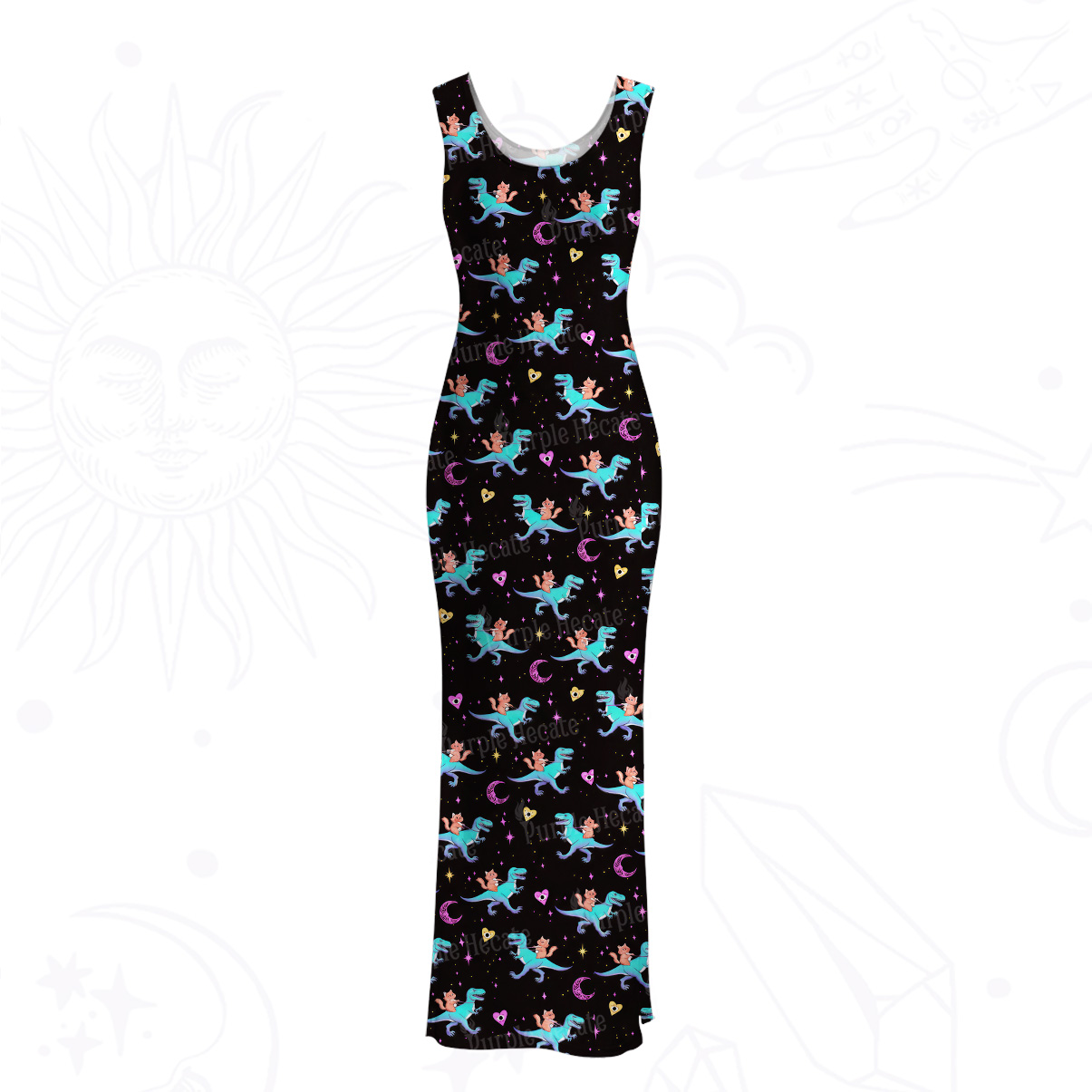 Purplehecate Witch Cat Rides the Dino Mesh Maxi Tank Beach Dress