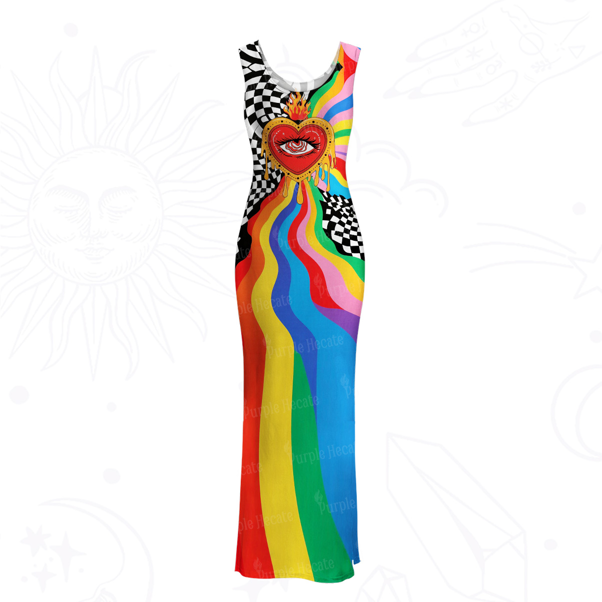 Purplehecate Trippy Rainbow Heart Eye Mesh Maxi Tank Beach Dress