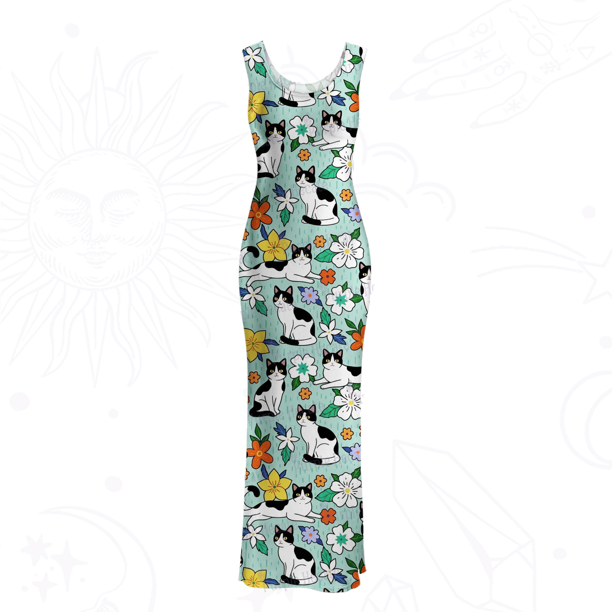 Purplehecate Enchanted Spring Whispering Cat Mesh Maxi Tank Beach Dress