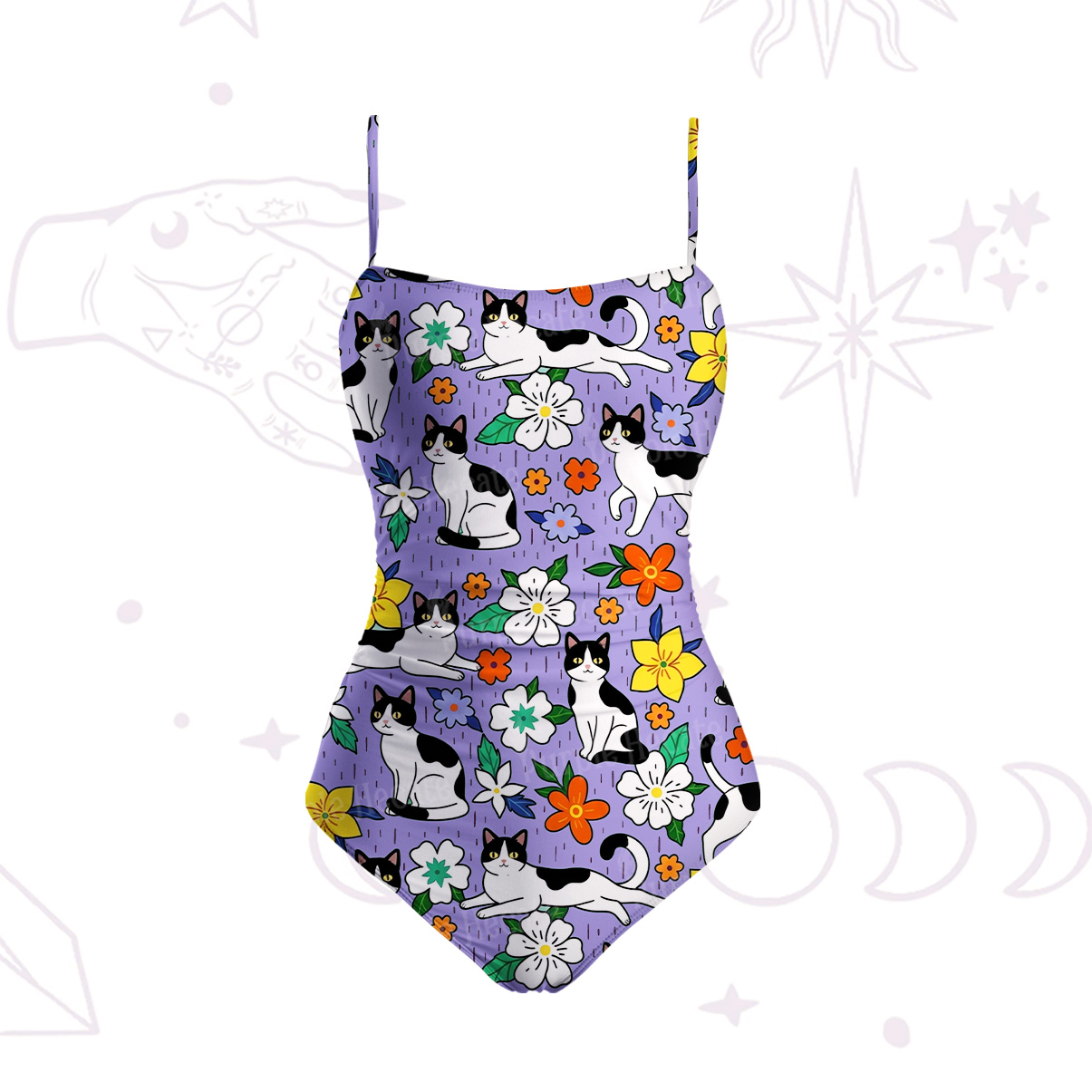 Purplehecate Enchanted Spring Whispering Cat Slim-Strap Swimsuit