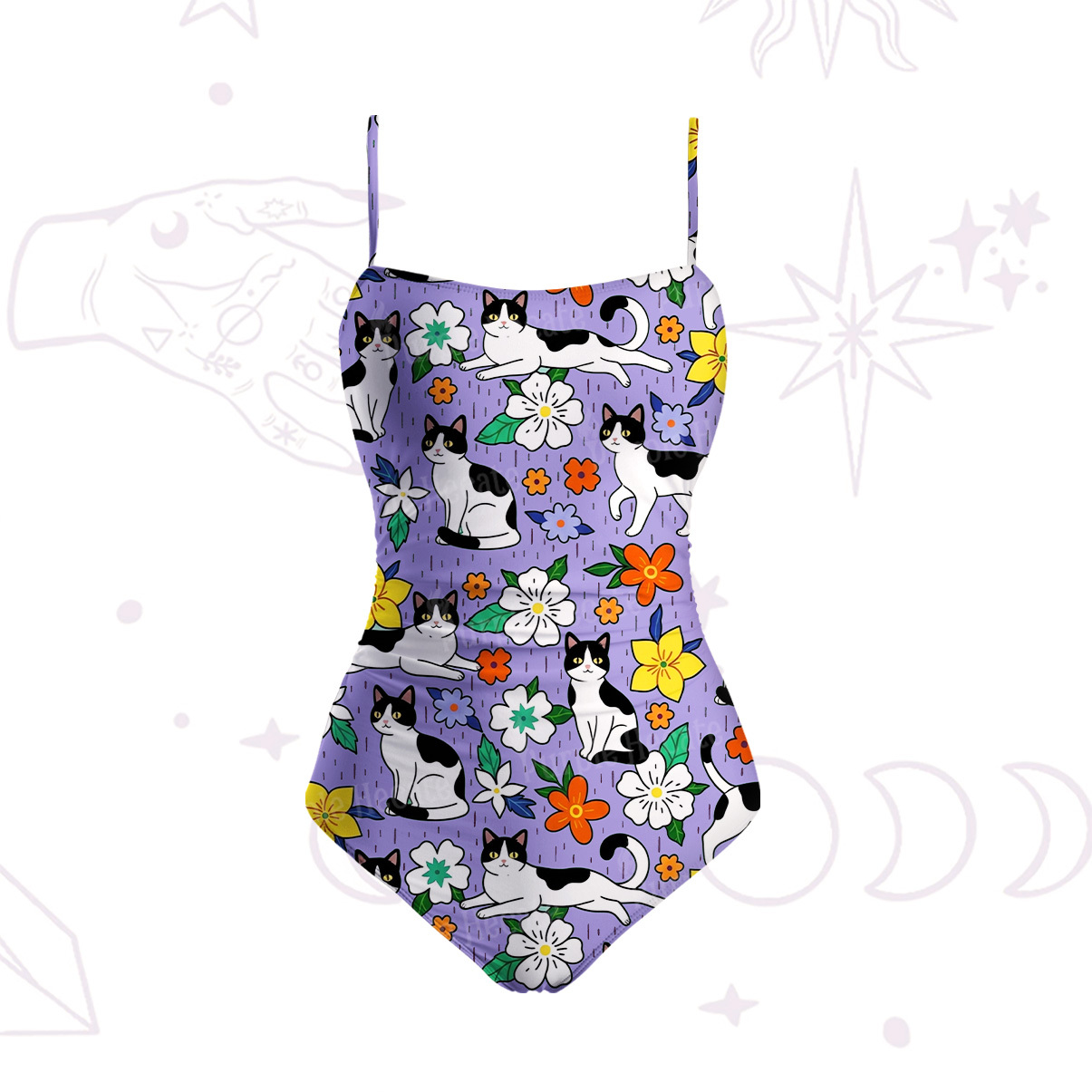 Purplehecate Enchanted Spring Whispering Cat Slim-Strap Swimsuit