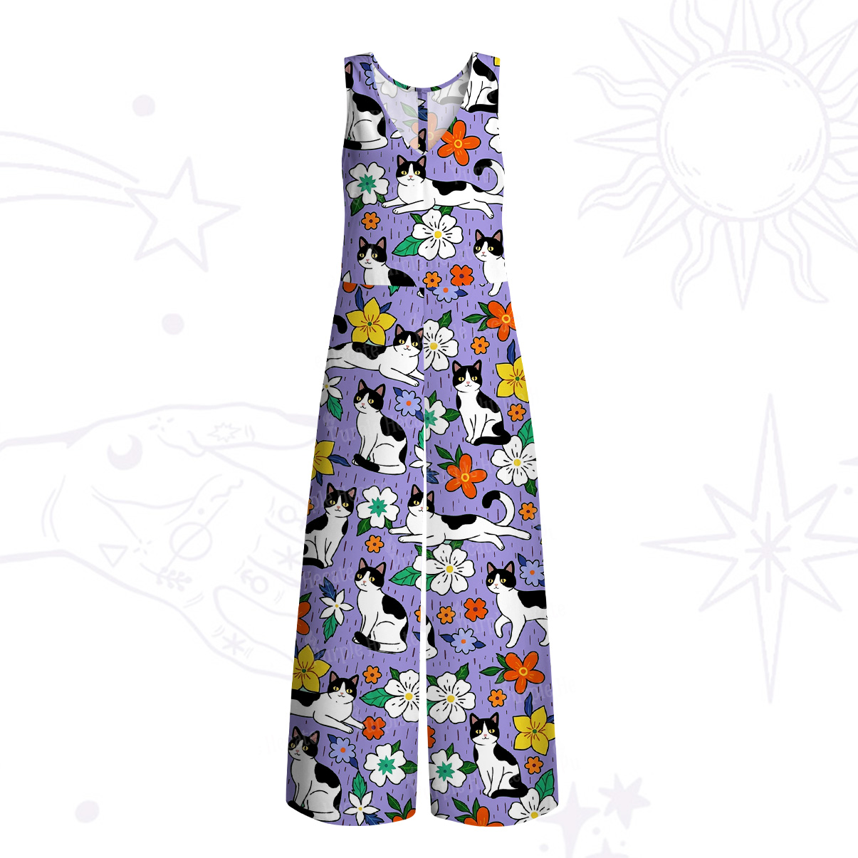 Purplehecate Enchanted Spring Whispering Cat Wide Leg Jumpsuit