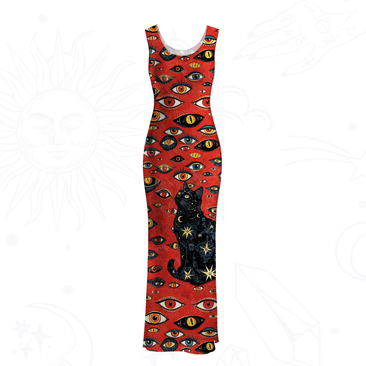 Purplehecate Cosmic Watcher Cat Mesh Maxi Tank Beach Dress