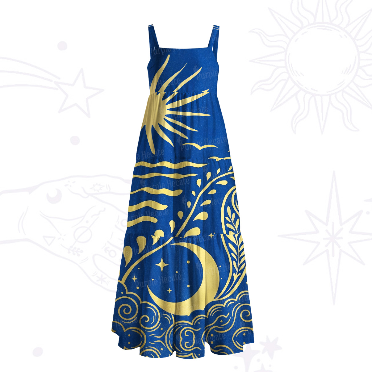 Purplehecate Celestial Sun Moon Waves Wide Straps Maxi Dress