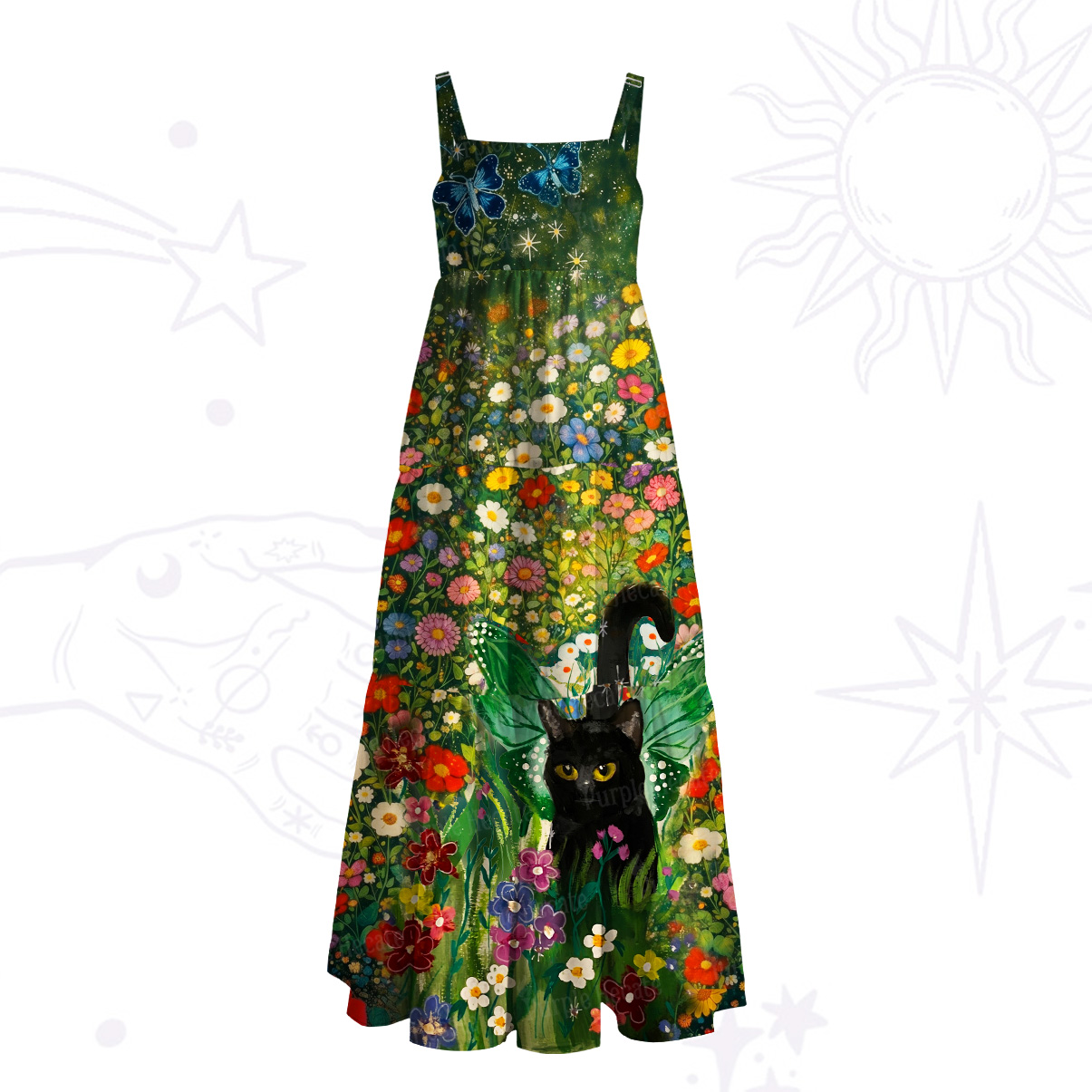 Purplehecate Magic Blooming Forest Black Cat Wide Straps Maxi Dress
