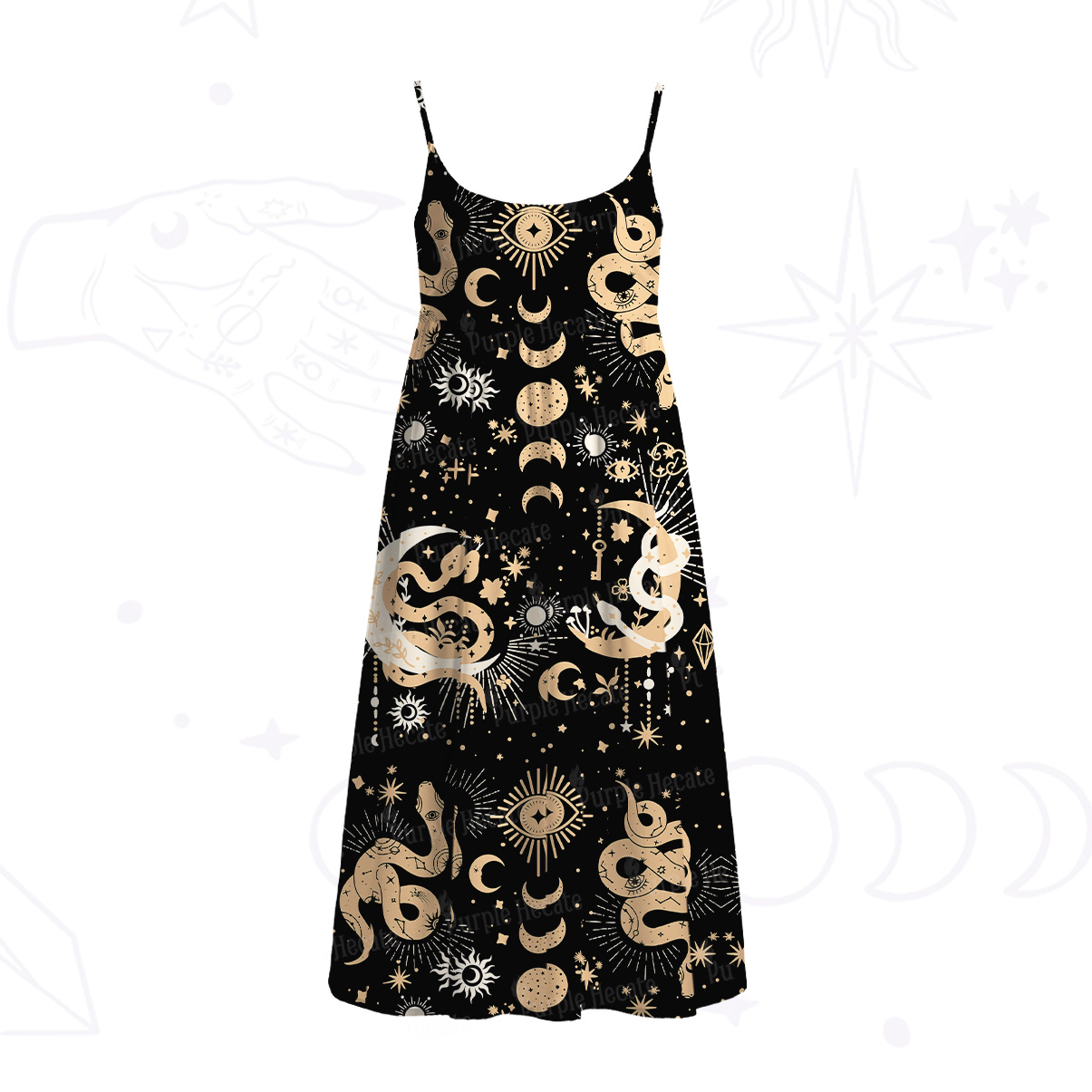 Purplehecate Divine Serpent Under the Moon Spaghetti Strap Midi Dress