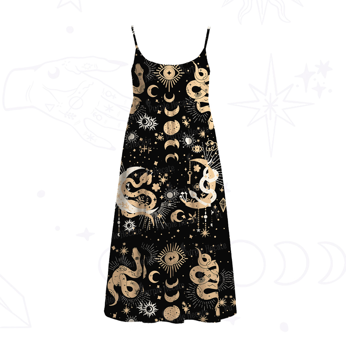 Purplehecate Divine Serpent Under the Moon Spaghetti Strap Midi Dress