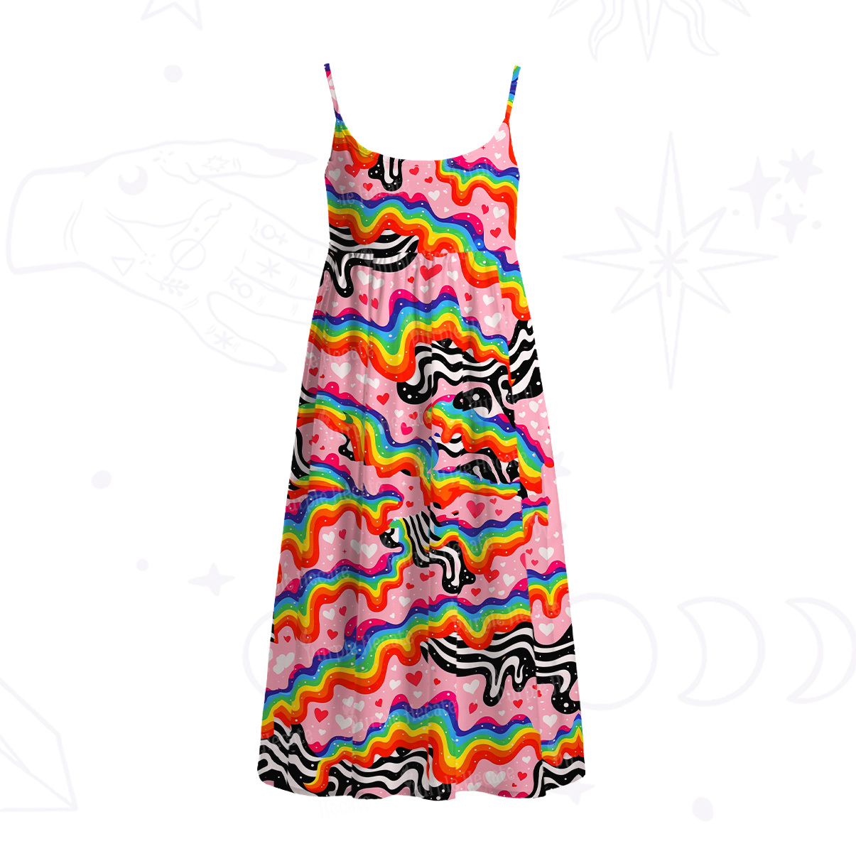 Purplehecate Groovy Melty Rainbow Hearts Wavy Spaghetti Strap Midi Dress