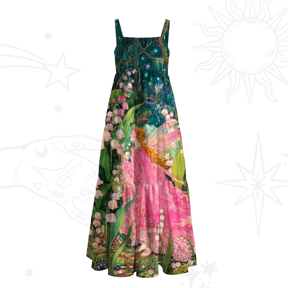 Purplehecate Mystic Secret Lily Fairy Forest Wide Straps Maxi Dress