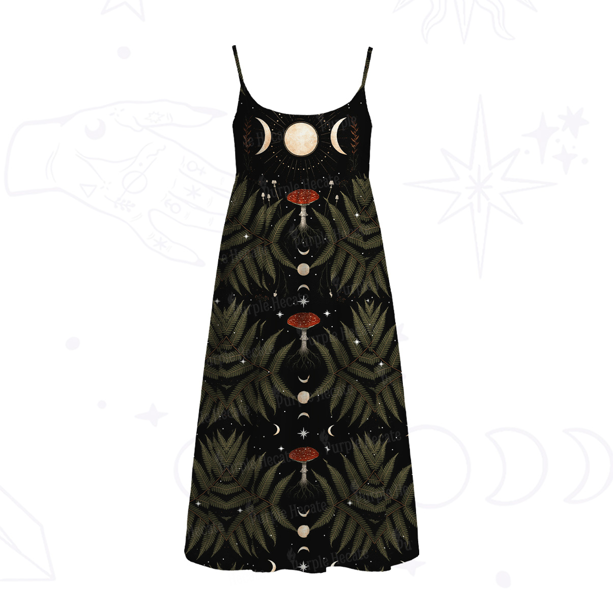 Purplehecate Moonlit Mushroom Gown Spaghetti Strap Midi Dress