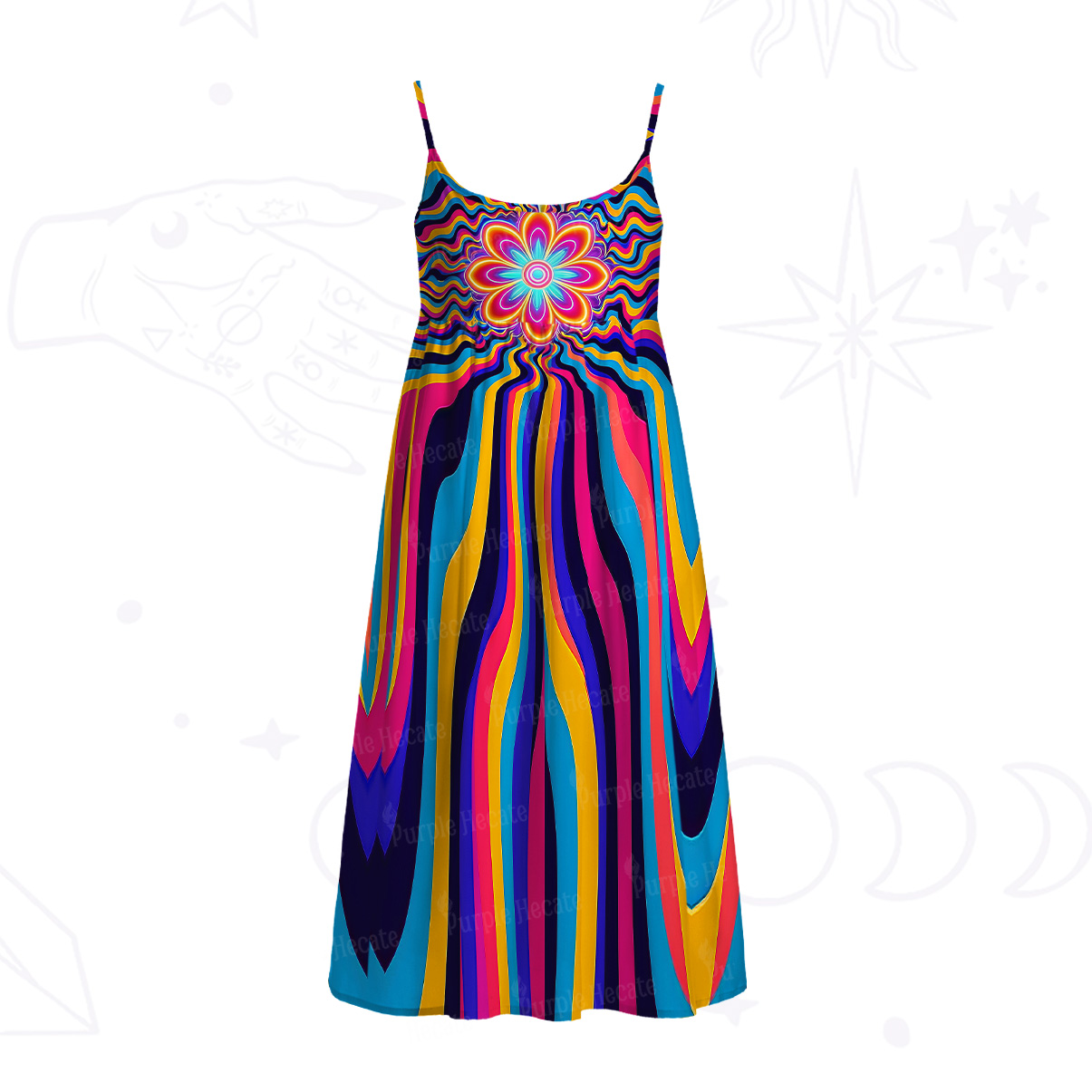 Purplehecate Psychedelic Bloom Spaghetti Strap Midi Dress