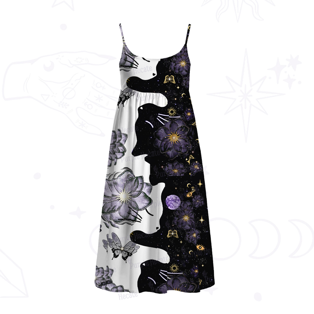 Purplehecate Starlit Cats & Butterflies Spaghetti Strap Midi Dress