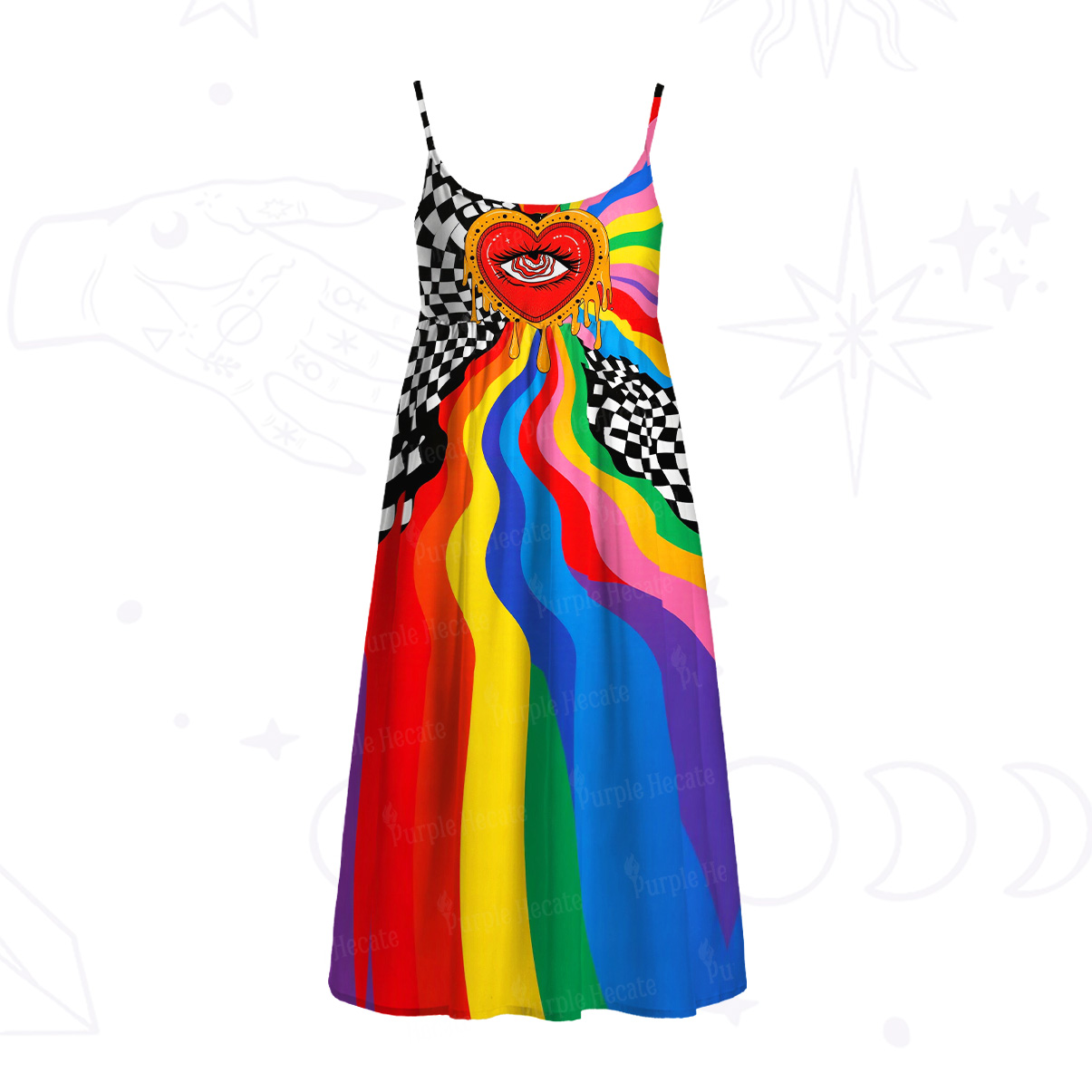 Purplehecate Trippy Rainbow Heart Eye Spaghetti Strap Midi Dress