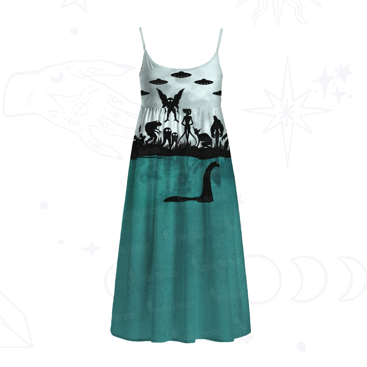 Purplehecate Alien Lake Monster Encounter Spaghetti Strap Midi Dress