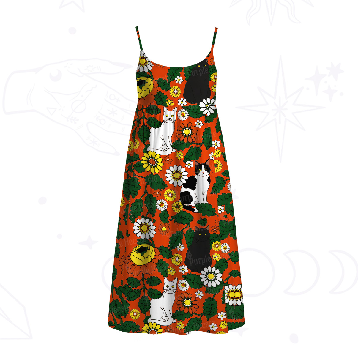 Purplehecate Daisy Cat? Garden Spaghetti Strap Midi Dress