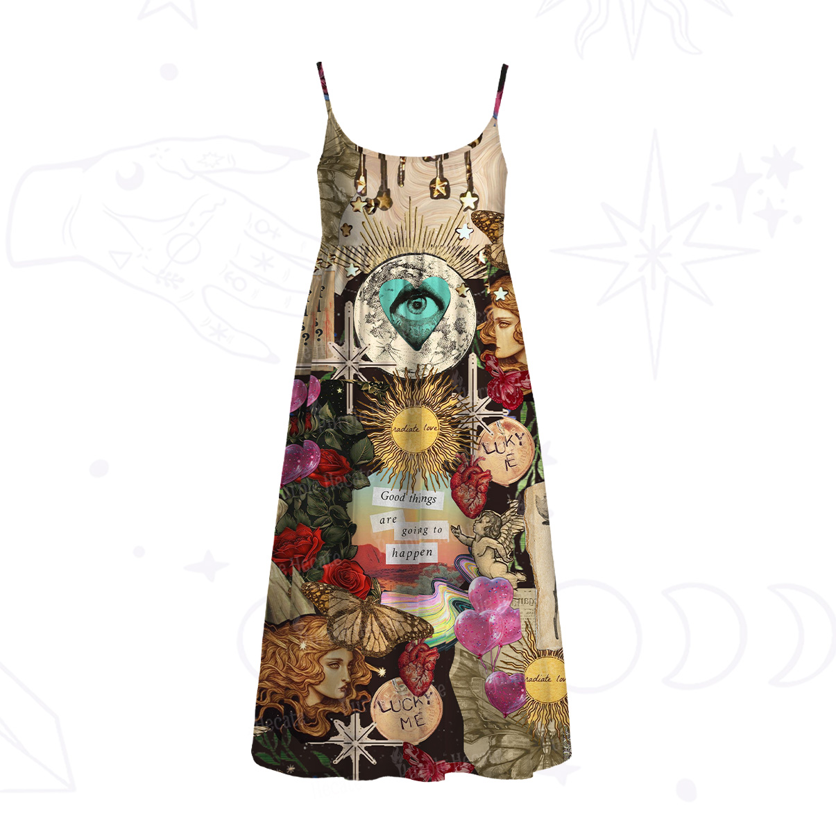 Purplehecate Lucky Me Sacred Heart Eye Spaghetti Strap Midi Dress