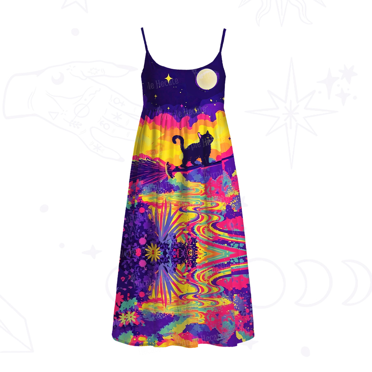 Purplehecate Midnight Cosmic Cat Fantasy Spaghetti Strap Midi Dress