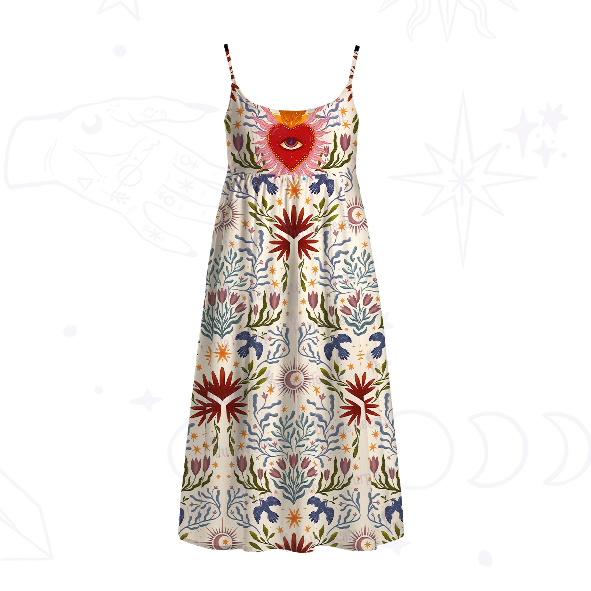 Purplehecate Sacred Flame Heart Spaghetti Strap Midi Dress