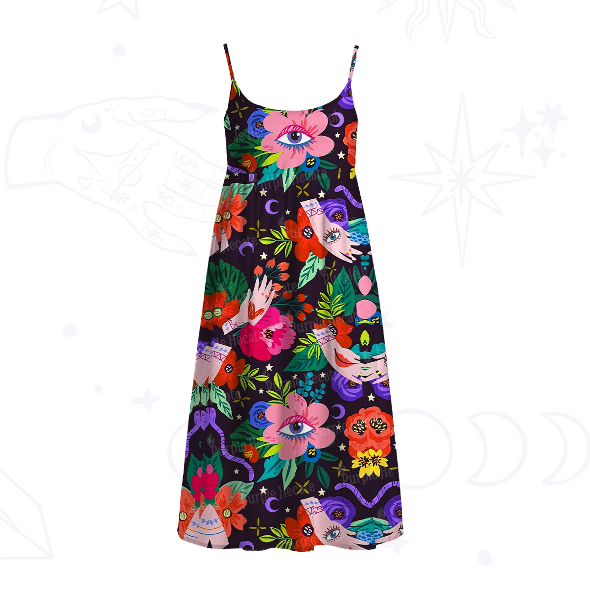 Purplehecate Eye of the Blossom Spaghetti Strap Midi Dress