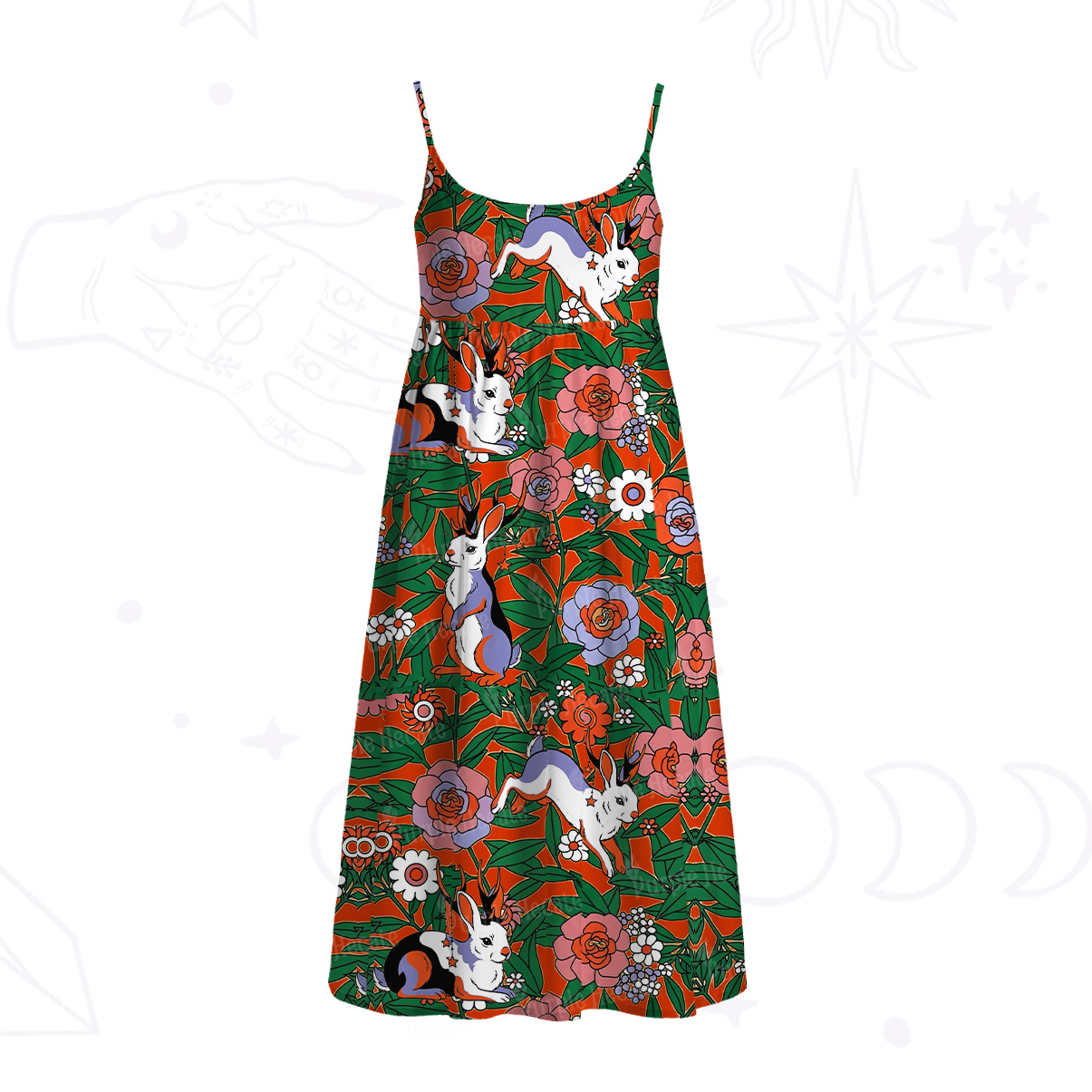 Purplehecate Mystic Blossom Bunny Garden Spaghetti Strap Midi Dress