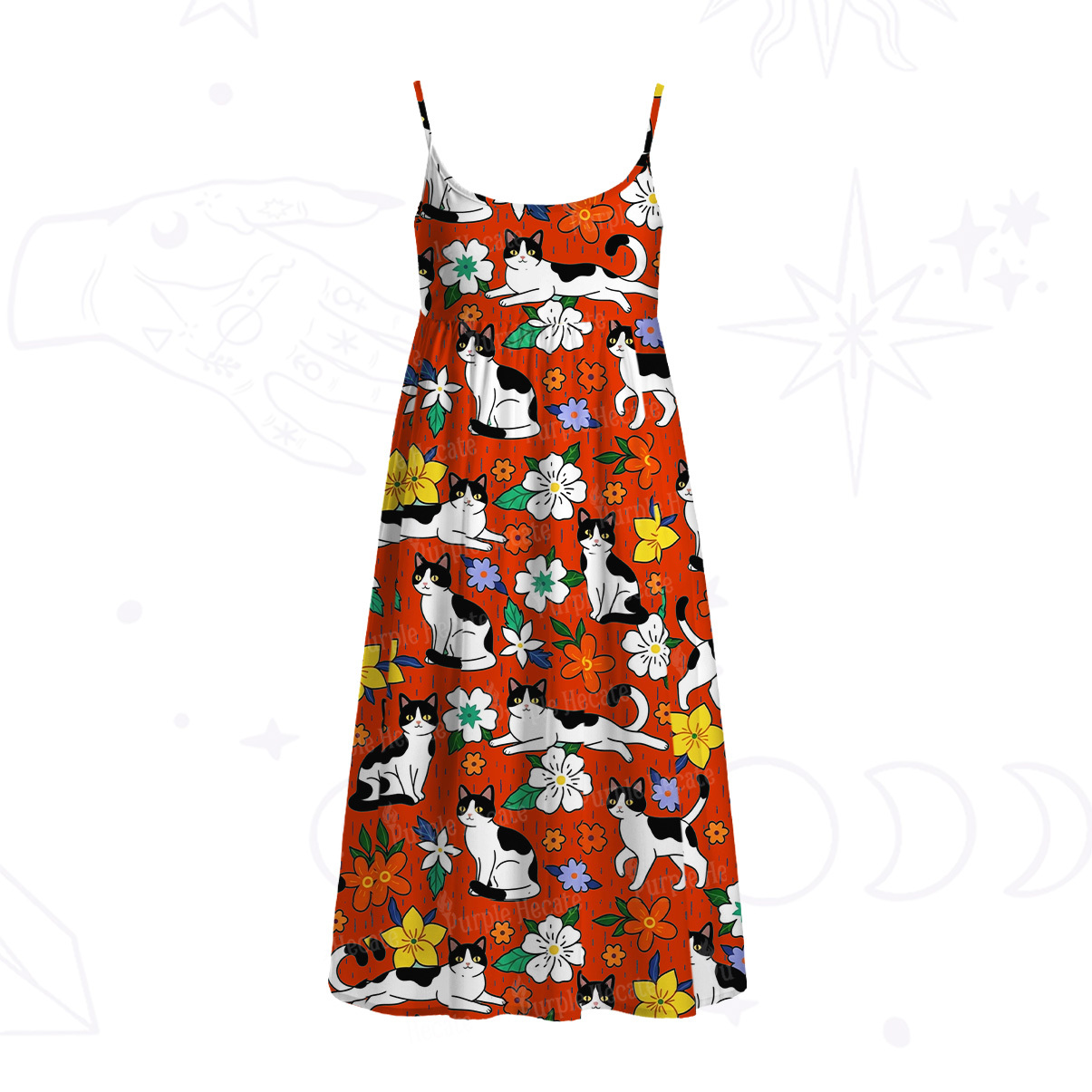 Purplehecate Enchanted Spring Whispering Cat Spaghetti Strap Midi Dress