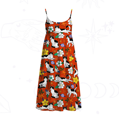 Purplehecate Enchanted Spring Whispering Cat Spaghetti Strap Midi Dress