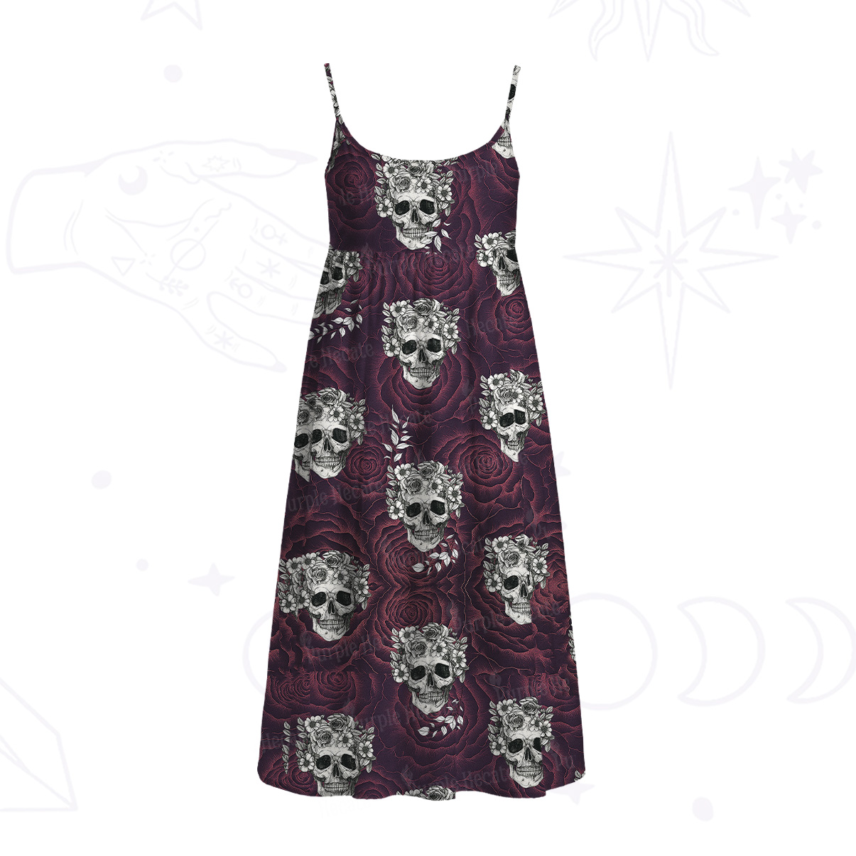 Purplehecate Rose Skull Spaghetti Strap Midi Dress