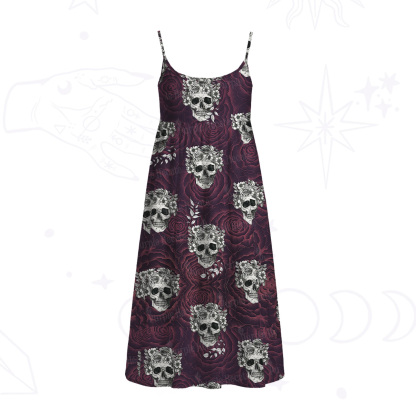 Purplehecate Rose Skull Spaghetti Strap Midi Dress