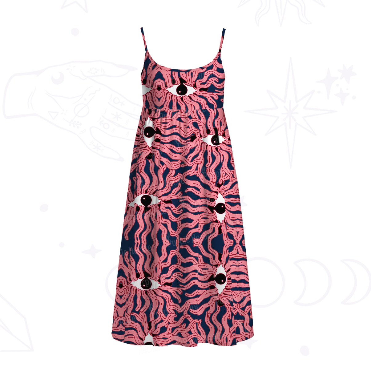 Purplehecate Psychedelic Wave Eyes Spaghetti Strap Midi Dress