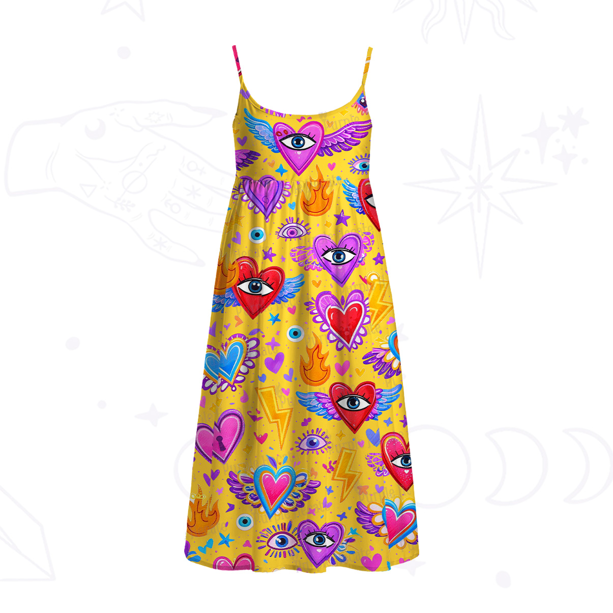 Purplehecate Mystic Heart Eye Wings Spaghetti Strap Midi Dress