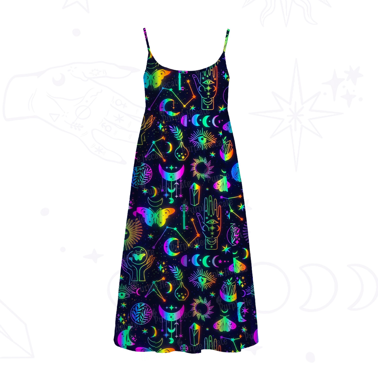 Purplehecate Blacklight Butterfly Spaghetti Strap Midi Dress