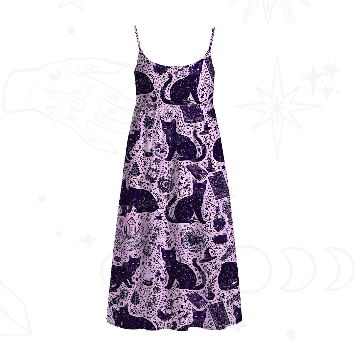 Purplehecate Midnight Black Cat Witch Potion Spaghetti Strap Midi Dress