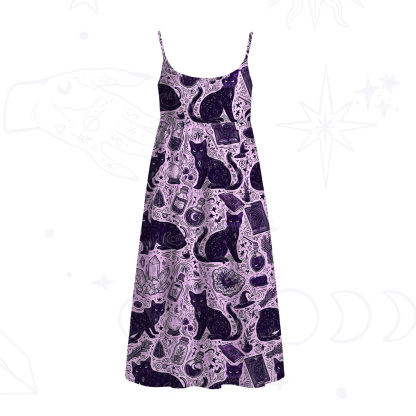 Purplehecate Midnight Black Cat Witch Potion Spaghetti Strap Midi Dress