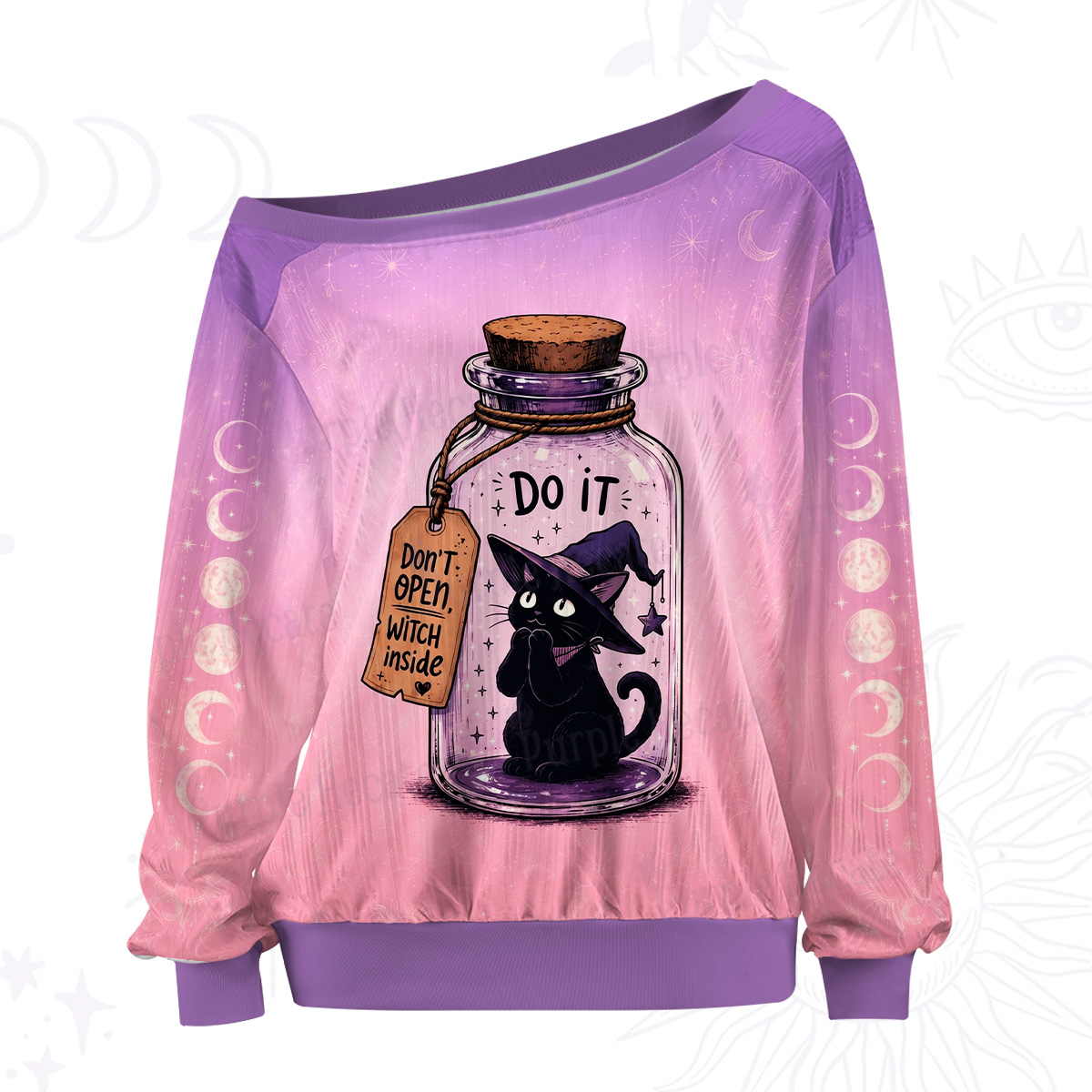 Purplehecate Witchy Cat in a Bottle Off The Shoulder Graphic Jersey