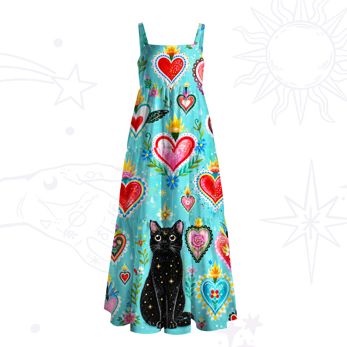 Purplehecate Mystic Heart Black Cat Wide Straps Maxi Dress