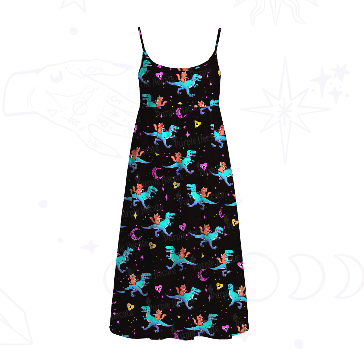Purplehecate Witch Cat Rides the Dino Spaghetti Strap Midi Dress