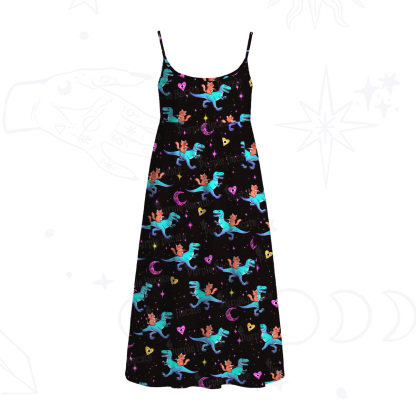 Purplehecate Witch Cat Rides the Dino Spaghetti Strap Midi Dress