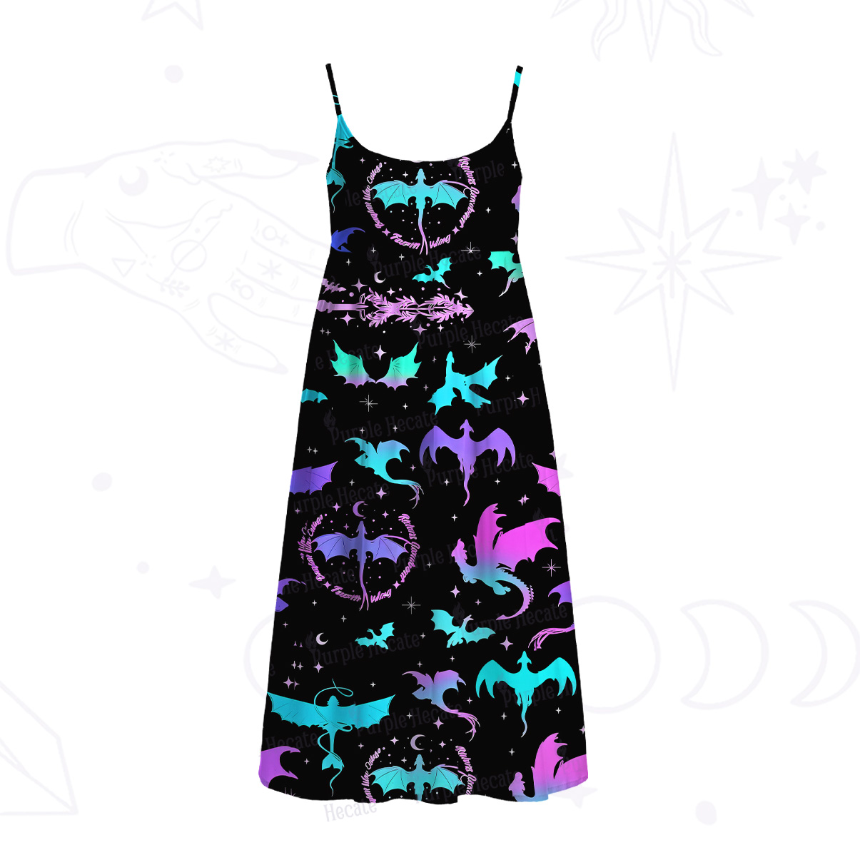 Purplehecate Neon Fantasy Dragon Allover Spaghetti Strap Midi Dress