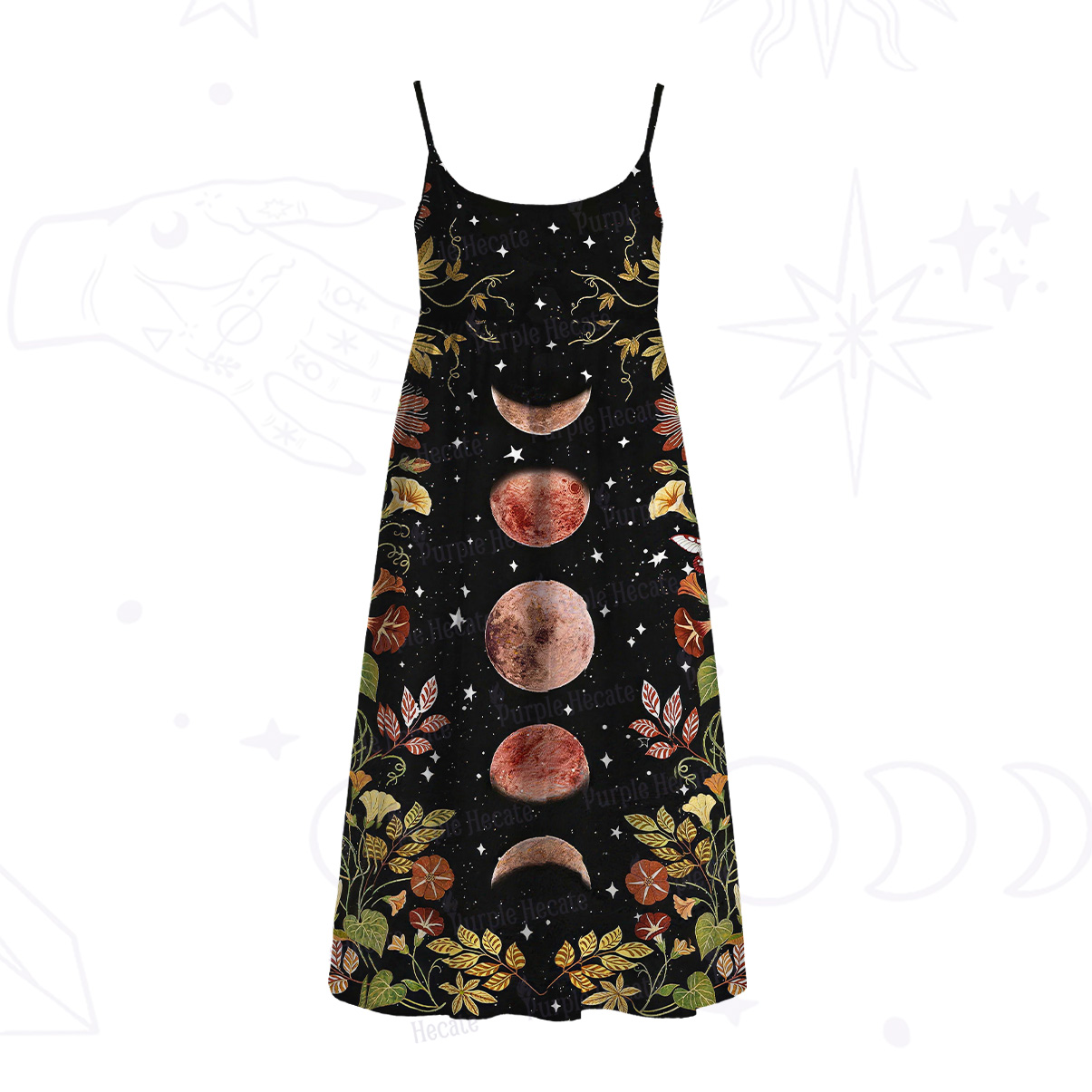 Purplehecate Moon Phase Floral Spaghetti Strap Midi Dress