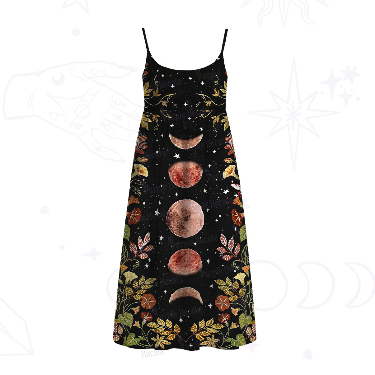 Purplehecate Moon Phase Floral Spaghetti Strap Midi Dress